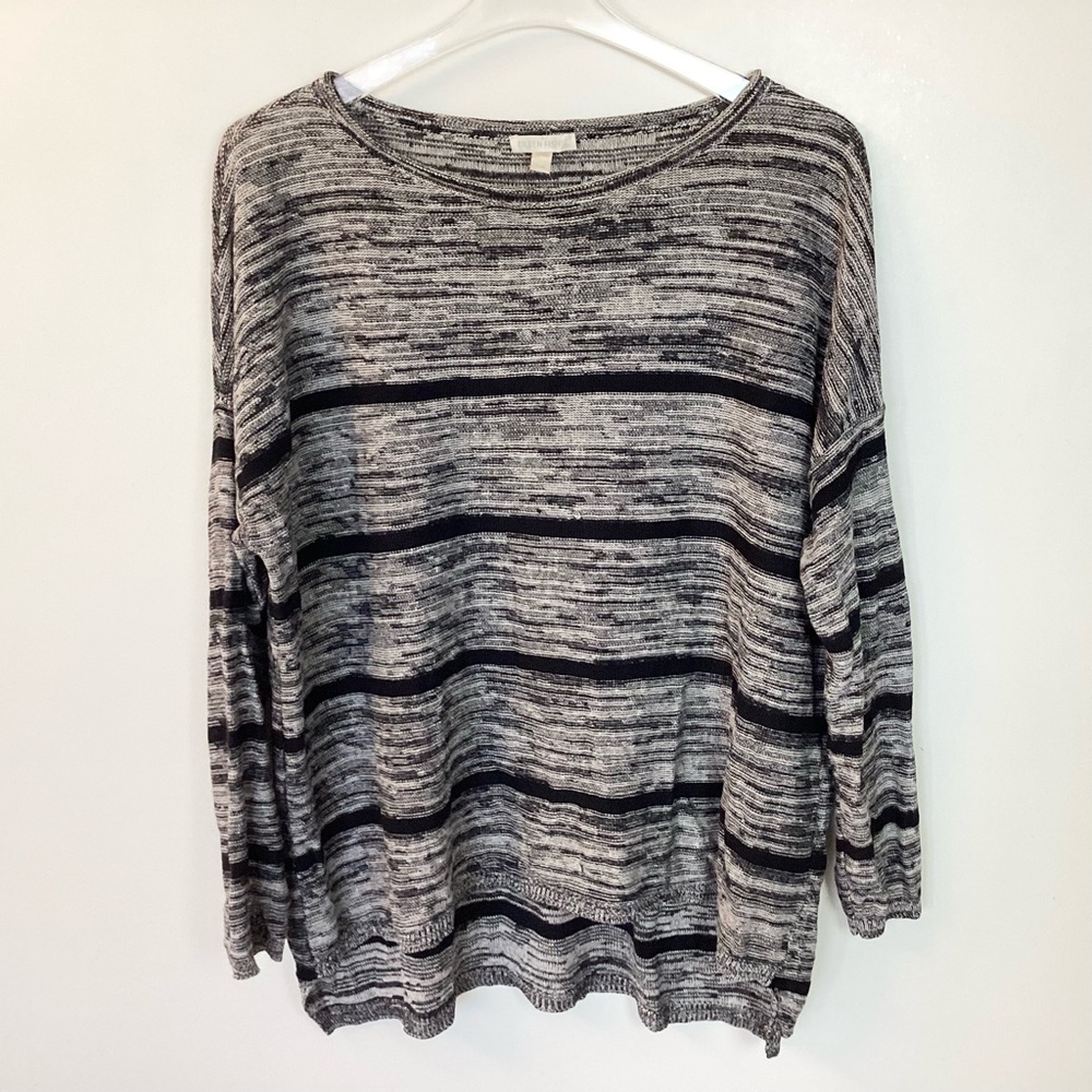Eileen Fisher Organic Linen Striped Pullover Sweater - Black/Tan - L